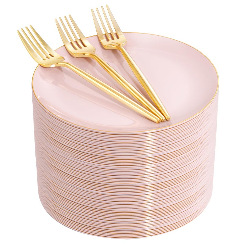 Rubtlamp 200Pcs Plastic Pink Dessert Plates with Disposable Gold ForksHeavy Duty Pink Disposable Salad PlatosGold Small PlatosFancy Appetizer Plates for Mothers Day